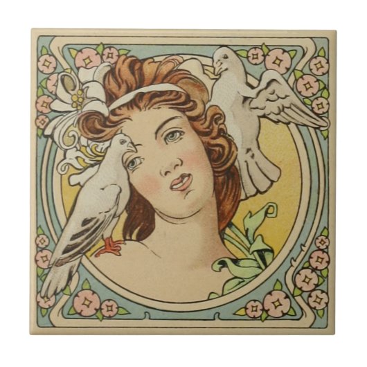  Franse Vrouw Art Nouveau Ceramic Tegeltje (Voorkant)