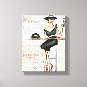 Franse vrouw Drink rode wijn Canvas Afdruk
