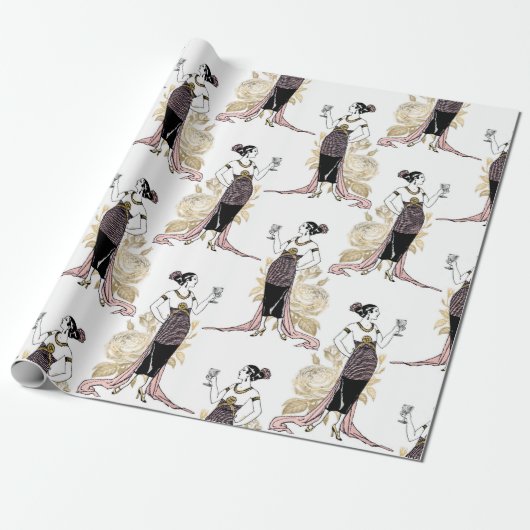 Franse  vrouw met wijn op Blush Pink Cadeaupapier (Uitgerold)