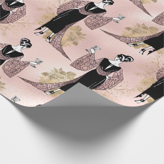 Franse  vrouw met wijn op Blush Pink Cadeaupapier (Hoek)