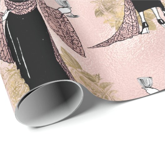 Franse  vrouw met wijn op Blush Pink Cadeaupapier (Rol Hoek)