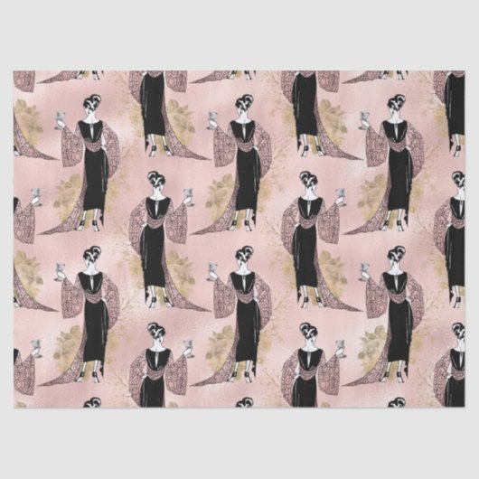 Franse  vrouw met wijn op Blush Pink Tissuepapier (Voorkant)