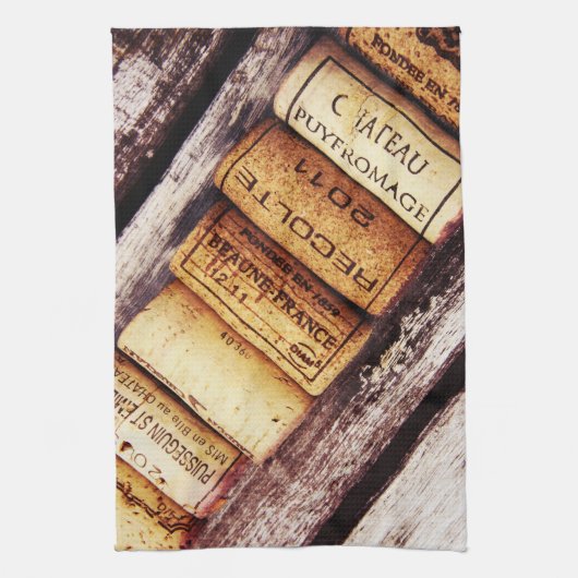 franse wijnflessen kurken op roestachtige houten t theedoek (Verticaal)