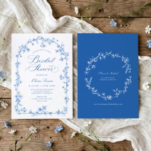 Franse Wilde Bloem Toile Blauwe Bruiloftsborrel Kaart