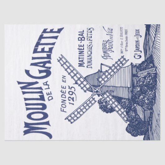 Franse Windmolen Blauwe Typografie Decoupage Oude  Tissuepapier (Voorkant)