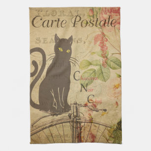 Franse Zwartkat Ephemera in Vintage Stijl Theedoek