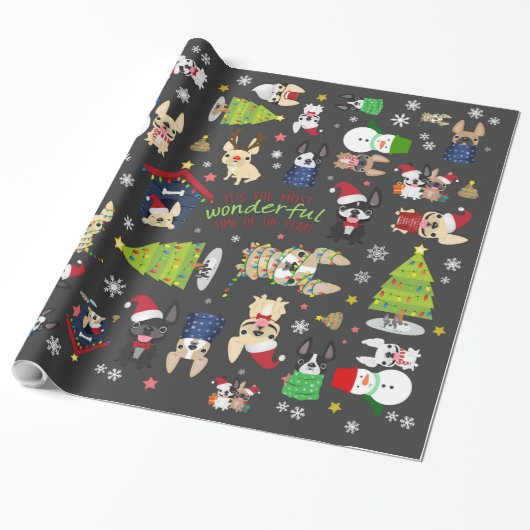 Franstalig kerstcadeaupapier met bulledog cadeaupapier (Uitgerold)