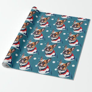 Franstalig kerstcadeaupapier voor bulledog op fees cadeaupapier