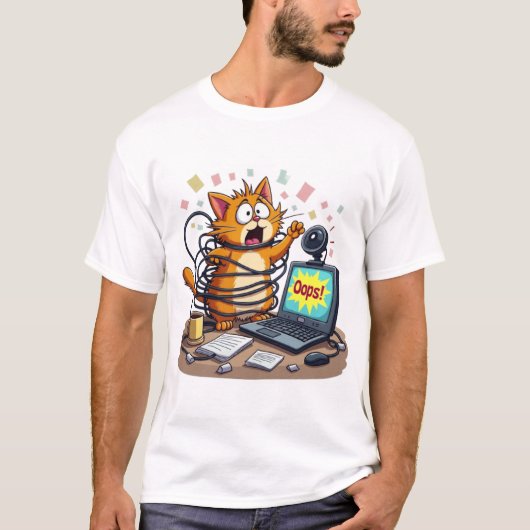 Frantic Cat Cable Chaos Remote Work Oops T-shirt (Voorkant)