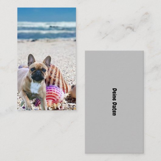 Französische Bulldogge am Strand Postkarte Visitekaartje (Voorkant / Achterkant)