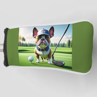 Französische Bulldogge auf Golfplatz im Urlaub Golfheadcover