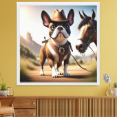 Französische Bulldogge Cowboy mit Pferd Canvas Afdruk (Insitu (Woonkamer))