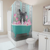 Französische Bulldogge in Badewanne Lotus Blumen Douchegordijn (In situ)