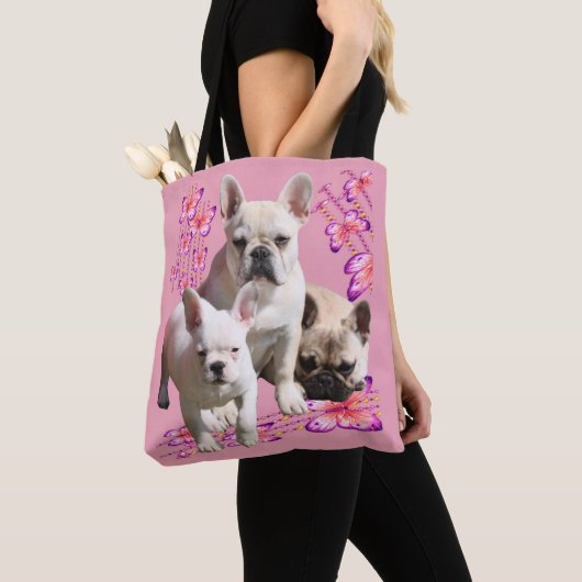 Französische Bulldogge mit drei Bulldoggen in Pink Tote Bag (Dichtbij)