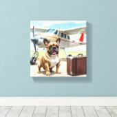 Französische Bulldogge mit Flugzeug Canvas Afdruk (Insitu (Houten vloer))