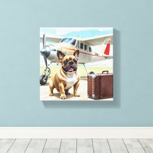 Französische Bulldogge mit Flugzeug Canvas Afdruk (Insitu (Houten vloer))