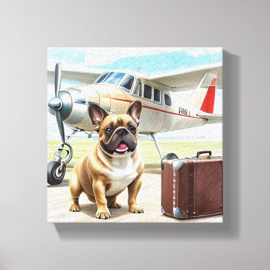 Französische Bulldogge mit Flugzeug Canvas Afdruk (Voorkant)
