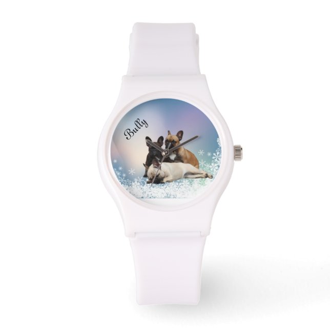Französische Bulldogge Schnee French Bulldog Horloge (Voorkant)