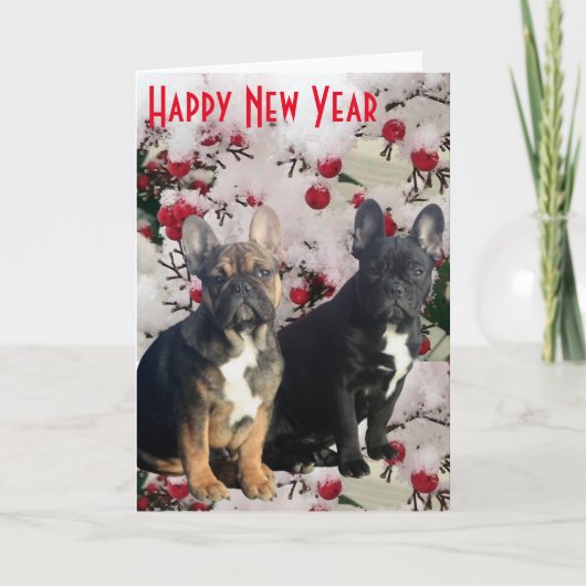 Französische Bulldoggen Postkarte Happy New Year Feestdagen Kaart (Voorkant)