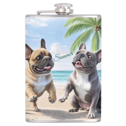 Französische Bulldoggen Strand French Bulldog Heupfles (Voorkant)
