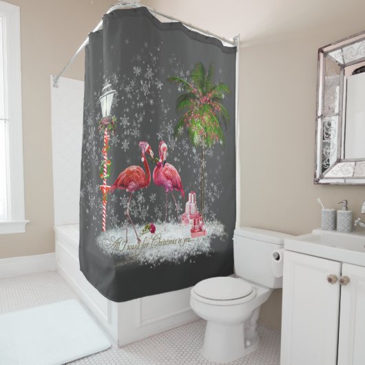 Frase de Natal Com Casal de Flamingos Douchegordijn (In situ)