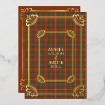 Fraser Red Verweerde Tartan Gouden Folie Uitnodigi