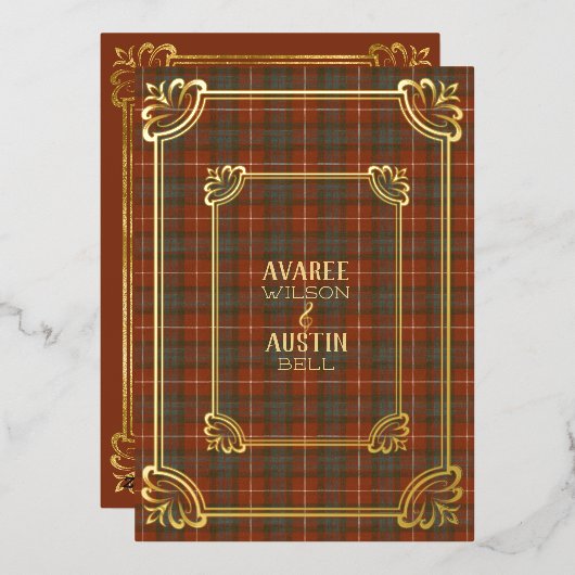 Fraser Rood Verweerd Tartan Gouden Folie Uitnodigi Folie Uitnodiging (Voorkant / Achterkant)