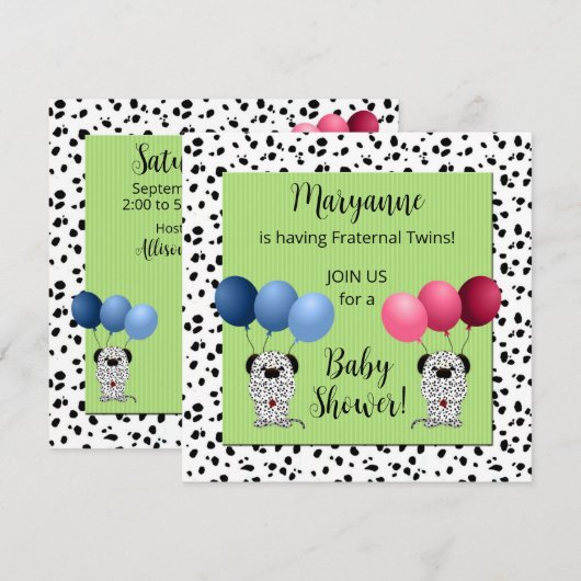 Fraternal Twins Dalmatians Green Baby shower Kaart (Voorkant / Achterkant)