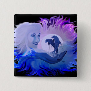 Frau mit Delfine im Mondschein Vierkante Button 5,1 Cm