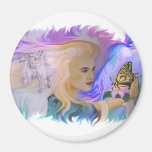 Frau mit Pferd und Schmetterling in hand Magneet
