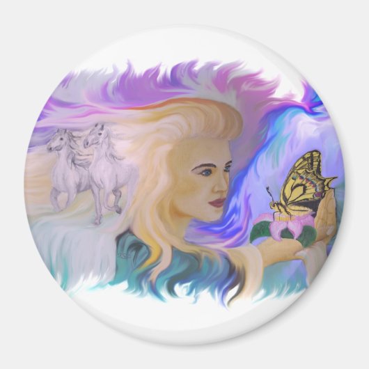 Frau mit Pferd und Schmetterling in hand Magneet (Voorkant)