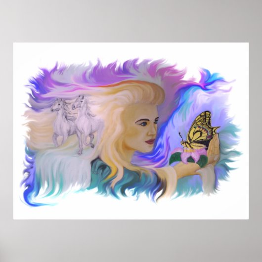 Frau mit Pferd und Schmetterling in hand Poster (Voorkant)