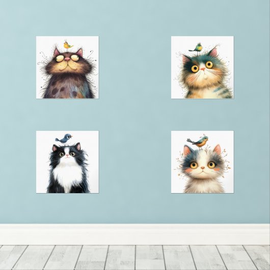 Frazzled Cats met Bird Waterverf Wall Prints (Houten vloer)