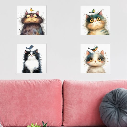 Frazzled Cats met Bird Waterverf Wall Prints (Woonkamer)