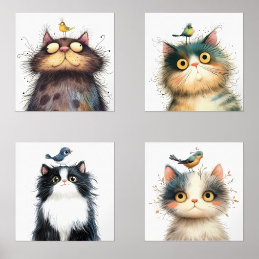 Frazzled Cats met Bird Waterverf Wall Prints (Voorkant)
