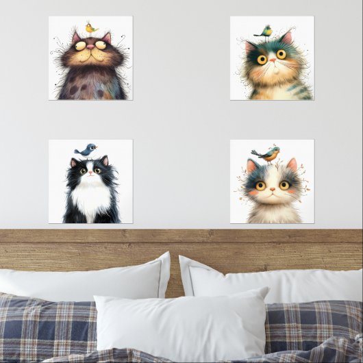 Frazzled Cats met Bird Waterverf Wall Prints (Slaapkamer)