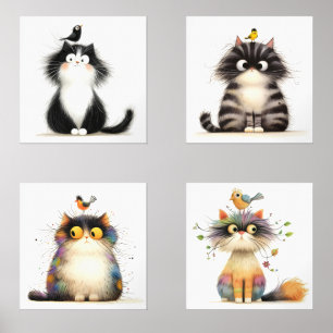 Frazzled Cats met Bird Waterverf Wall Prints