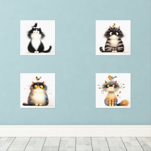Frazzled Cats met Bird Waterverf Wall Prints (Houten vloer)