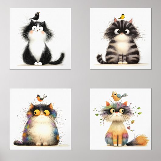 Frazzled Cats met Bird Waterverf Wall Prints (Voorkant)