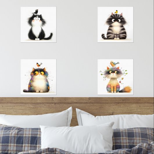 Frazzled Cats met Bird Waterverf Wall Prints (Slaapkamer)