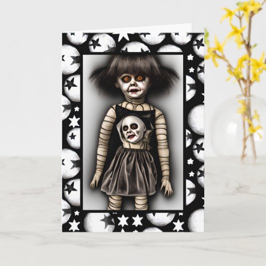 Freaky Enge Spooky Oude Doll Halloween Kaart (Gele Bloem)