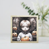 Freaky Kind met Grote Ogen en Pompoenen Halloween Kaart (Staand voorkant)