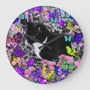 Freckles in Butterflies II - Tuxedo Cat Clock Grote Klok