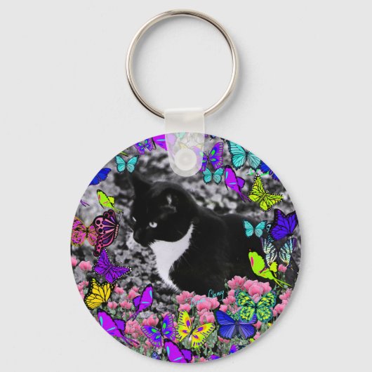 Freckles in Butterflies II - Tuxedo Cat Sleutelhanger (Voorkant)