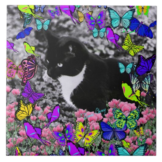 Freckles in Butterflies II - Tuxedo Cat Tegeltje (Voorkant)