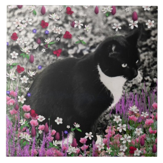 Freckles in Flowers II - Tuxedo Kitty Cat Tegeltje (Voorkant)