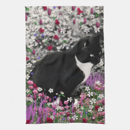 Freckles in Flowers II - Tuxedo Kitty Cat Theedoek (Verticaal)