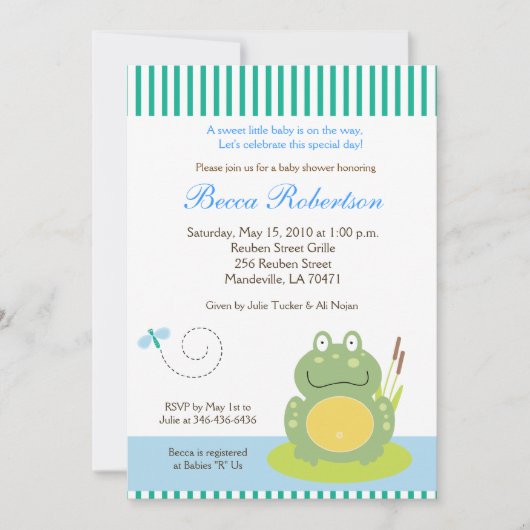 Freddy the Pond Frog Baby shower 5x7 Uitnodiging (Voorkant)