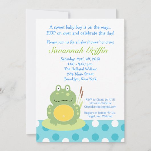 Freddy the Pond Frog Baby shower 5x7 Uitnodiging (Voorkant)