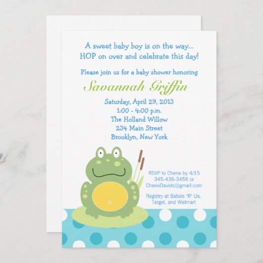 Freddy the Pond Frog Baby shower 5x7 Uitnodiging (Voorkant / Achterkant)